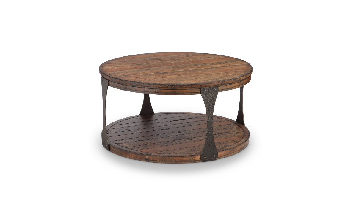 montgomery industrial bourbon reclaimed wood round accent table